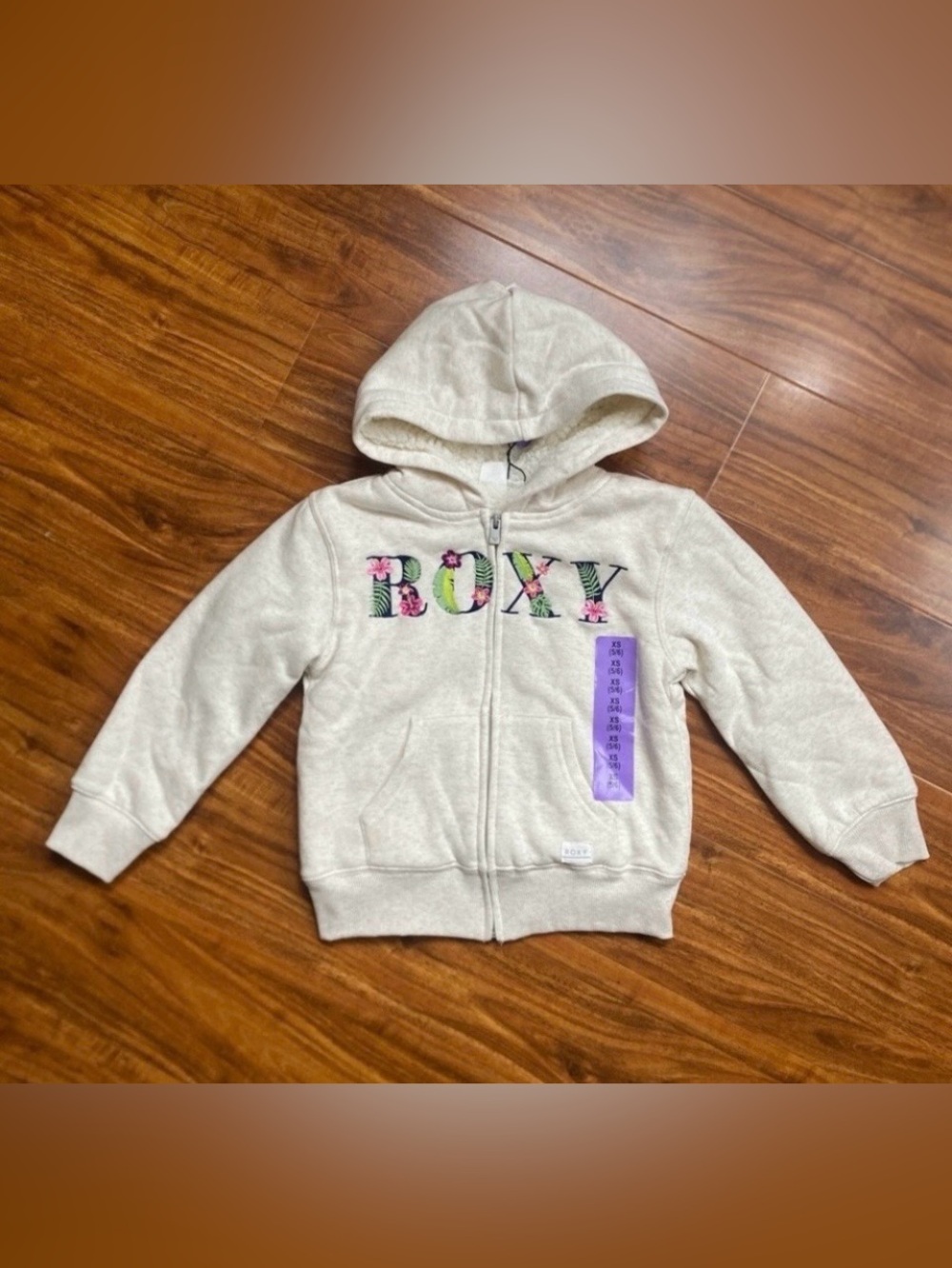 NWT New Roxy Girl Cream Floral Logo Sherpa Zip Hoodie Sweatshirt Size 5/6 Casual